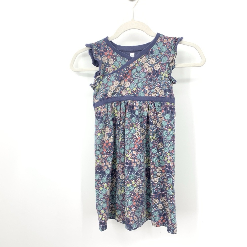 Tea Collection Girls Size 7 Small Dress Blue Floral Ruffle Short Sleeve Cotton
